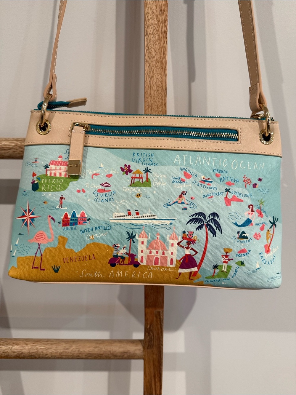Spartina 449 Caribbean Map Crossbody in Mint, Tan & Multicolor - Picture 3 of 6